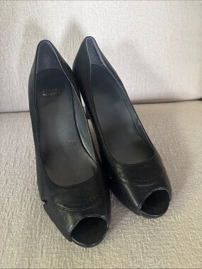 Stuart Weitzman Black Leather Open-Toe Pumps